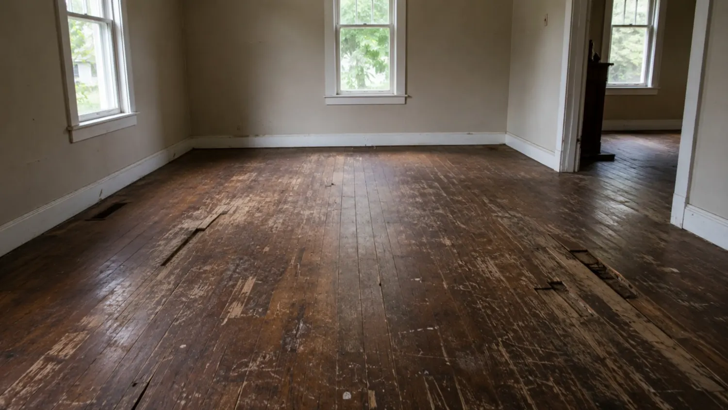 A worn-out hardwood floor in an O'Fallon home, transformed into a brand-new floor